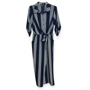 Luxology Navy and Light Blue Vertical Stripe Shirt Jumpsuit with Tie Waist M